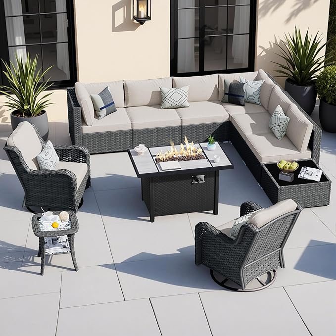 HOOOWOOO Outdoor Patio Furniture with Fire Pit Set 11 Pieces Patio Set with Fire Pit Wicker Outdoor Furniture with Fire Pit Table Set Patio Sectional Set with Swivel Chairs,Beige