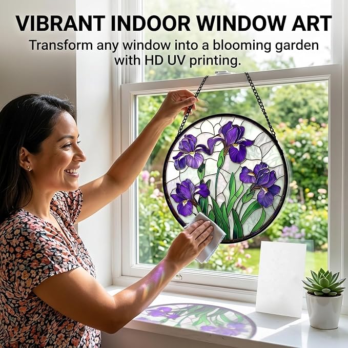 Birthday Gifts for Women - Purple Iris Faux Stained Glass Window Hanging Sun Catcher for Door Garden Acrylic Flower Decor Mother's Day Christmas for Mom Nana Friend Grandma Wife 9.8"