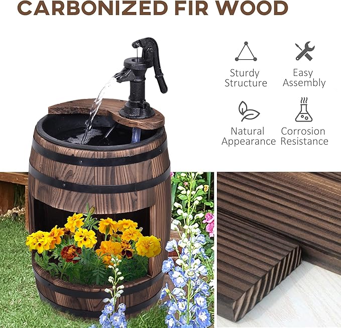 Outsunny 23" H Outdoor Water Fountain Wood and Plastic Rustic Apple Barrel Pump Garden Decor for Outside Backyard