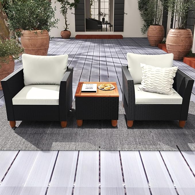 HAPPYGRILL 3-Piece Rattan Patio Conversation Set with Storage Coffee Table, Outdoor PE Wicker Sofa Furniture Set with Cushions for Balcony Backyard Porch Garden