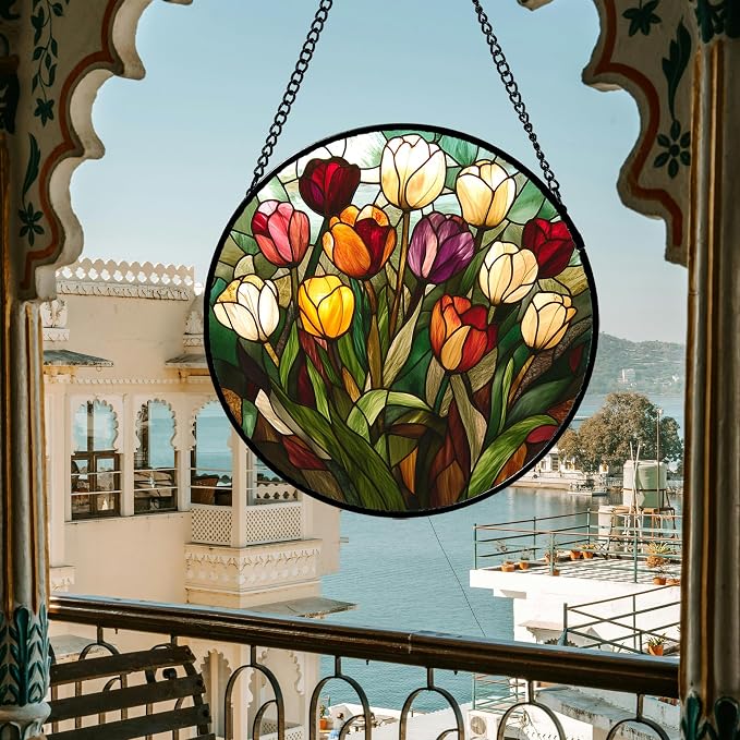 Stained Glass Window Hanging Colorful Tulip 7.8" - Flower Suncatcher Door Garden Sun Catcher Home Plant Decor Birthday Mother's Day for Mom Woman Friend Nana Colleague