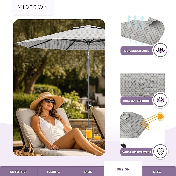 Midtown Umbrellas - The Lean 8 Ft Patio Umbrella with Fade-Resistant Sunbrella Fabric, Auto-Tilt Aluminum Frame and 8 Reinforced Ribs for Deck, Pool & Garden - Infused Gem Canopy, Black Pole