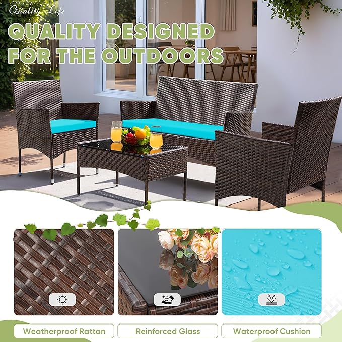Greesum Patio Furniture 4 Pieces Conversation Sets Outdoor Wicker Rattan Chairs Garden Backyard Balcony Porch Poolside loveseat with Cushion and Glass Table, Brown and Blue