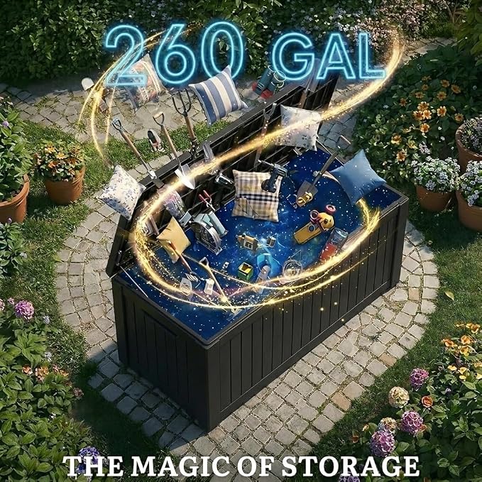 LAUSAINT HOME 260 Gallon XXXL Outdoor Deck Box, Waterproof Resin Storage Box Bench with Lock, Large Patio Cushion Storage, Garden Tool Organizer, Pool Storage Container, 3-Person Seat, Black