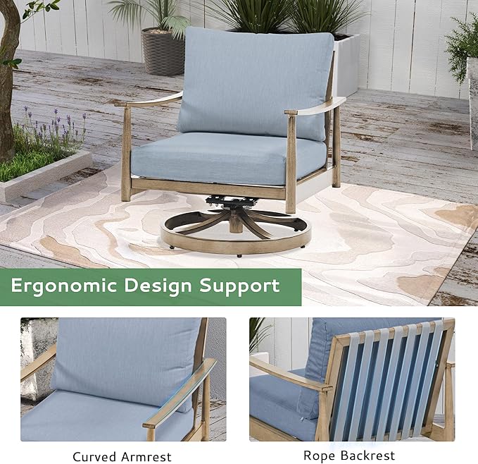 6 Pieces Aluminum Outdoor Patio Furniture Sets with Coffee Table, Cushioned Loveseat and Swivel Chairs with Ottoman, All Weather Conversation Set for Yard Proch Deck, Blue & Brown