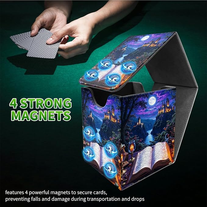 Castle Book Purple Card Deck Box for MTG, Personalized Card Storage Case Fits 120+ Sleeved Cards, Premium Leather TCG Box with Strong Magnetic Closure for Magic, CCG, PTCG, Baseball Cards
