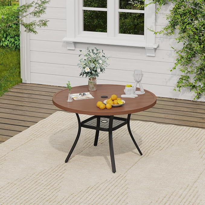VICLLAX Outdoor Table and Chairs Set for 4, Patio Dining Set of 40.7" Metal Round Patio Table with Umbrella Hole & 4 Swivel Outdoor Dining Chairs for Backyard Lawn, Mixed Brown & Walnut