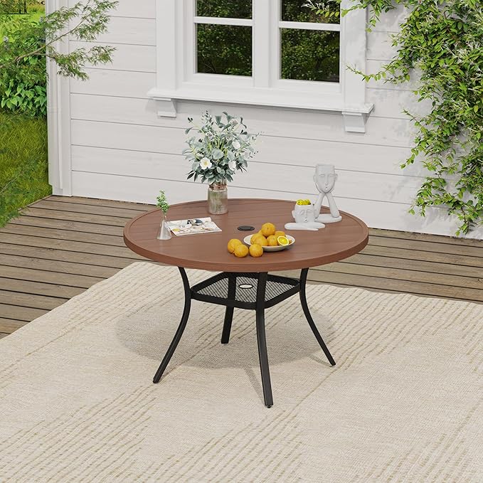 VICLLAX Outdoor Table and Chairs Set for 4, Patio Dining Set of 40.7" Metal Round Patio Table with Umbrella Hole & 4 Swivel Outdoor Dining Chairs for Backyard Lawn, Charcoal & Walnut