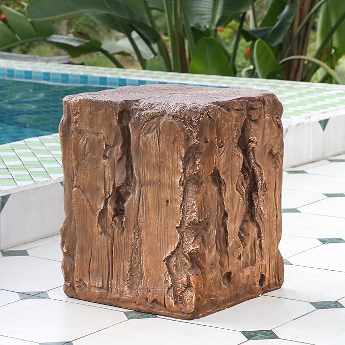 Christopher Knight Home Nataly 18.25" H Small Outdoor Side Table, Stump Shape Carved Garden Stool, Lightweight Concrete End Table, Patio Decorative Home Stool for Balcony Poolside Backyard, Brown