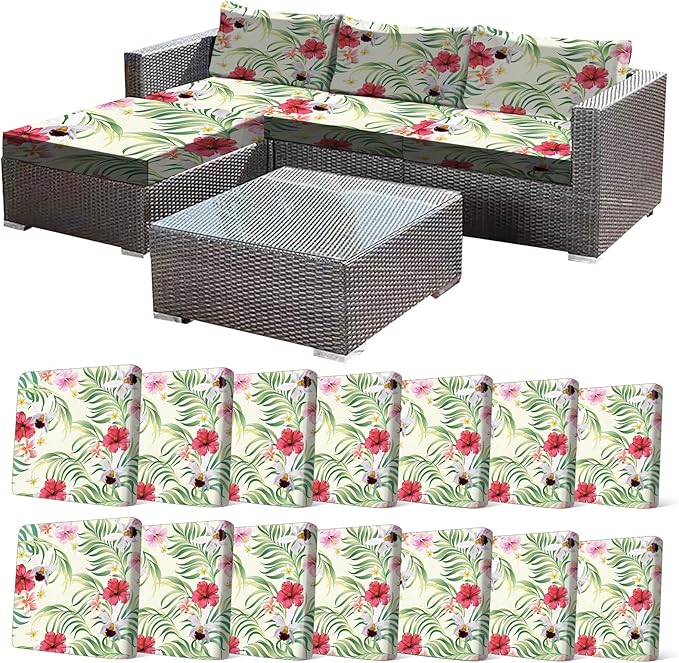 CALBODE 14 Pcs Stretch Outdoor Seat Cushion Covers, Washable Chair Seat Cover for Patio Furniture Cushions Soft Indoor and Outdoor Couch Cover Replacement (Tropical Floral, Beige,Cover Only)