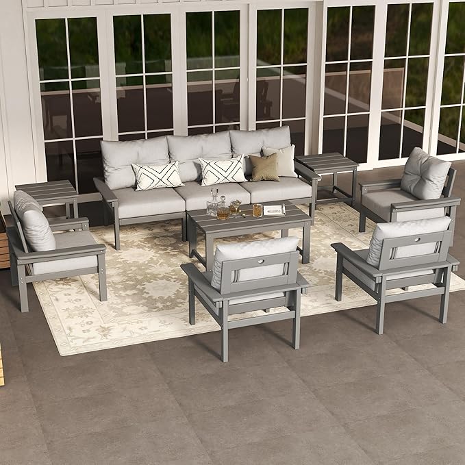 Grey HDPE Outdoor Patio Furniture Set, 10-Piece Patio Conversation Set with 3-Seat Sofa, 4 Armchairs, 2 Side Tables & 1 Coffee Table, All-Weather Outdoor Sofa Set for Deck, Porch, Garden