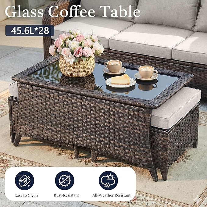8 Piece High Back Wicker Patio Furniture Set - Patio Conversation Set with 4 Inch Thick Cushions and Deep Seating Swivel Glider Chairs Set of 4 & Outdoor Couch for Porch Deck Yard Pool