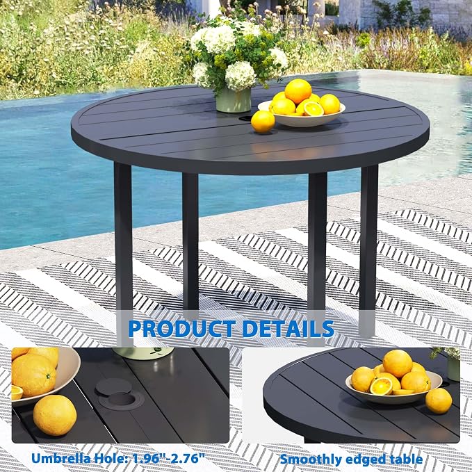 9-Piece Outdoor Dining Set for 8 – 60" Black Round Patio Table with Umbrella Hole & 8 White Outdoor Dining Chairs with Armrests, Large Poolside Furniture