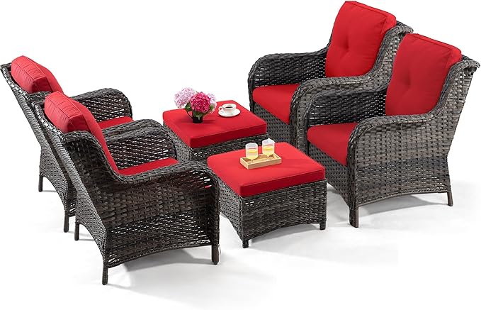 Wicker Chair Set 6 Pieces - Outdoor Wicker Patio Furniture Set with 4 Armchairs and 2 Ottomans, Olefin Cushions Included(Mixed Grey/Red)
