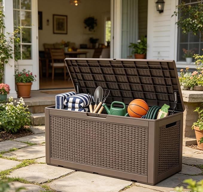 LAUSAINT HOME 320 Gallon Resin Deck Box, Package Delivery Box with Lockable Lid, Waterproof Outdoor Storage Box For Garden Tools, Patio Cushions(320 Gallon,Grayish-tan)