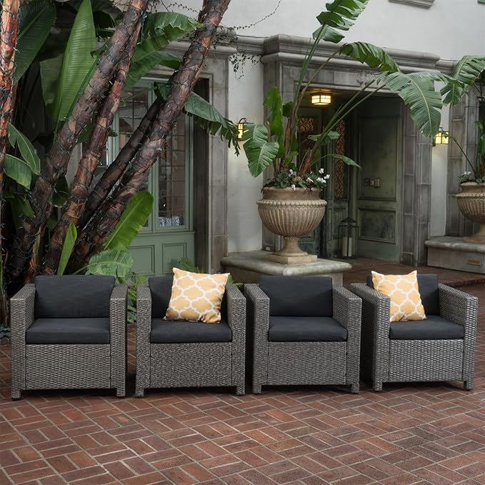 Merax Patio Conversation Chairs Furniture 4 Sets, Wicker Rattan Outdoor Couch Sofa for Garden Porch Deck Backyard Lawn Balcony, Brown+Beige