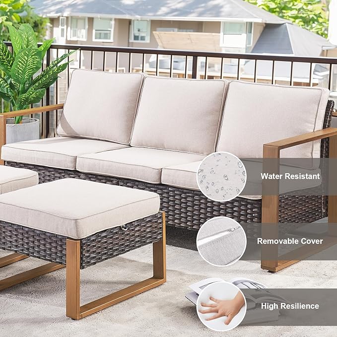Belord 5 Piece Outdoor Wicker Patio Conversation Furniture Set Deep Seating, Metal Wide Armrests Patio Sofa Set with Rattan Chairs Ottomans for Porch Deck Sunroom Backyard