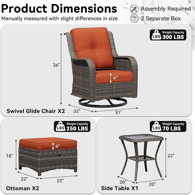 5 Piece Outdoor Wicker Patio Furniture Set, Outdoor Swivel Rocker Patio Chairs Set with Thickened Olefin Cushions, High Back and Deep Seating, Hand-Woven PE Rattan for Porch, Deck