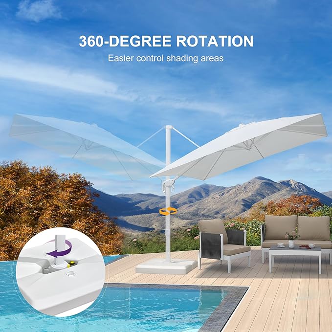 PURPLE LEAF 9 FT Patio Umbrella With Base White Cantilever Umbrella Square Outdoor Offset Umbrella Windproof with 360° Rotation for Garden Deck Pool, White