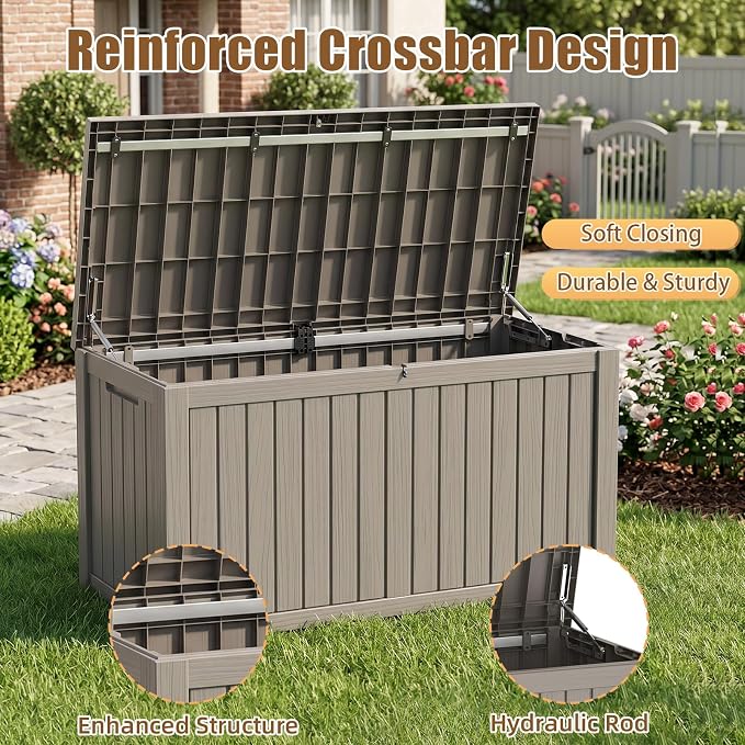 200 Gallon Outdoor Storage Box, Large Resin Deck Box, Waterproof Lockable Storage Container Bins Reinforced Stabilityfor Patio, Garden and Poolside, Grey