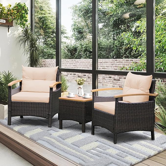 Tangkula 3-Piece Patio Furniture Set, Patiojoy Outdoor Rattan Sofa Set with Coffee Table, Patio Conversation Set with Removable Cushion, Cozy Acacia Wood Armrests for Backyard, Poolside (Beige)