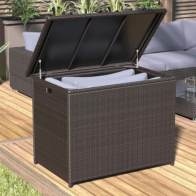 Lepus Large Waterproof Resin Wicker/Rattan Deck Box with Handles, Outdoor Storage Container For Patio, Pool, Garden, 130 Gallons, Brown