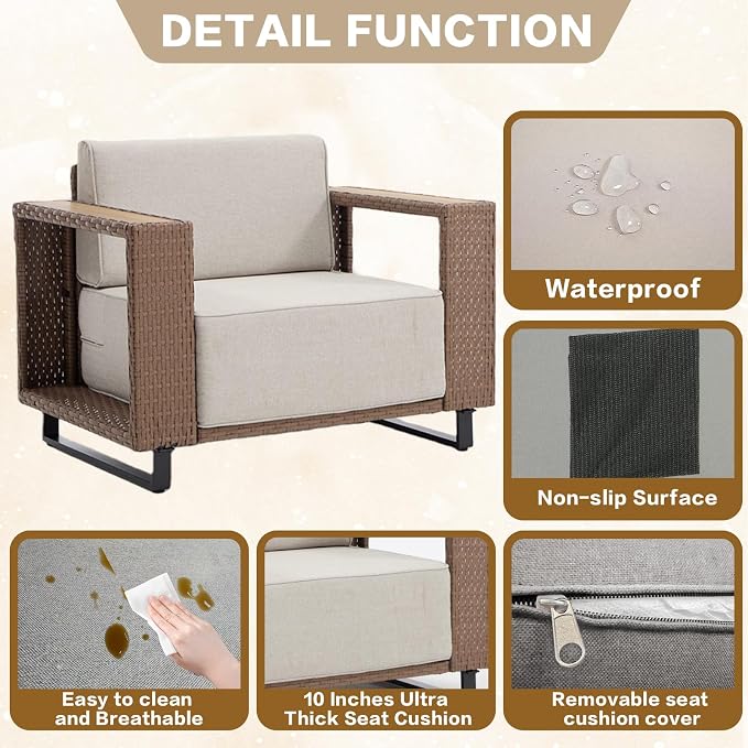 6 Pieces Outdoor Patio Furniture Set PE Rattan Weaving Sofa with 10 inch Thick Cushions and Steel Frame and Wooden Board Outdoor Conversation Set Beige Cushions for Porch Deck
