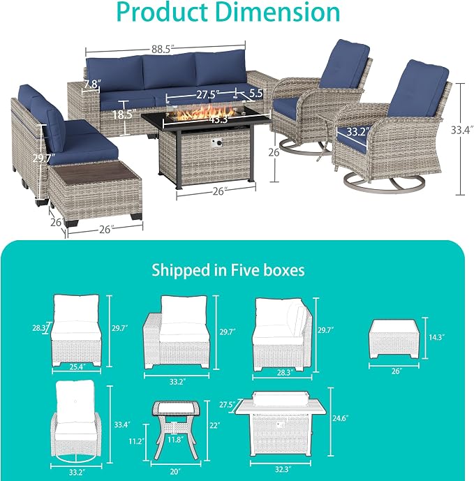 10-Piece Outdoor Patio Furniture Set with Rocking Swivel Chair, PE Wicker Rattan Sectional Sofa Patio Conversation Set with 55,000 BTU Fire Pit Table & Coffee Table, Navy Blue