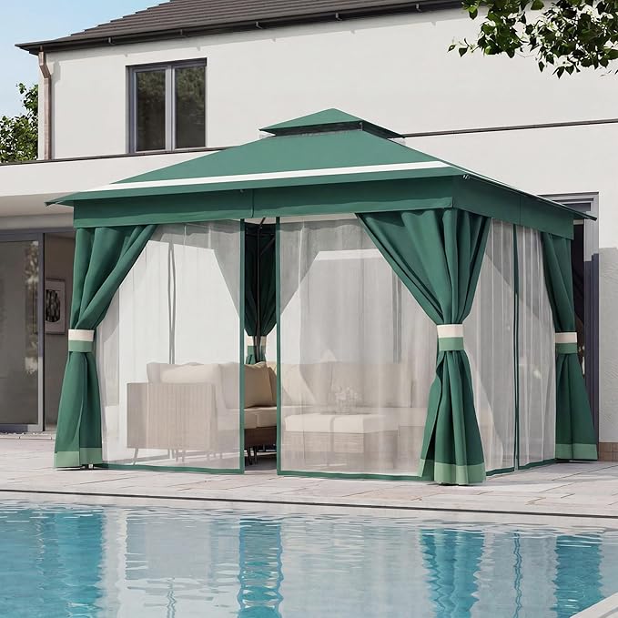 LAUSAINT HOME 12'x12' Outdoor Gazebo, Metal Frame Heavy Duty Patio Canopy Tent Shelter with Double Roofs, Mosquito Nettings and Privacy Screens for Backyard, Garden, Lawn, Forest Green
