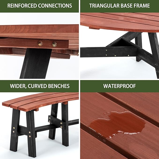 6-Person Semi-Circular Fir Wood Picnic Table, Brown Top/Black Legs, 3 Built-in Benches & Umbrella Hole, Patio