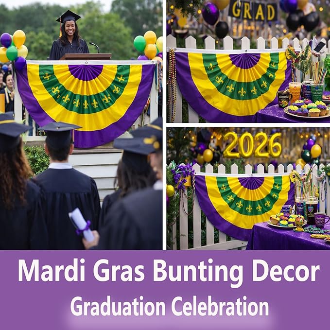4Pack Graduation Decorations & Mardi Gras 2x4Ft Bunting Flag Purple Green Gold Bunting Banner Party Decor for Fence Porch Outdoor, Class of 2026 Graduation Party Supplies