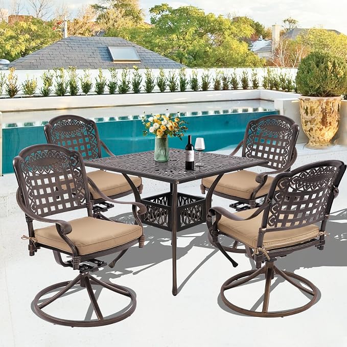 Grepatio 5 Piece Cast Aluminum Patio Dining Set, Outdoor Furniture Set with 4 Swivel Rocker Ding Chairs, 4 Cushions and 35.4" Square Table with 2" Umbrella Hole, Antique Bronze (Grid)