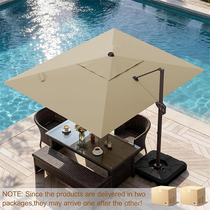 9' X 12' Cantilever Patio Umbrella Rectangle Outdoor Umbrella with Base Included, 6-Level Tilt & 360° Rotation Offset Umbrella for Garden, Deck, Pool (Beige)