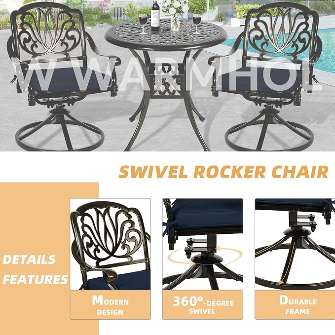 3-Piece Outdoor Patio Dining Set, All-Weather Cast Aluminum Patio Furniture Set for Backyard Garden Deck with 2 Swivel Cushioned Chairs and 31” Round Table, 2" Umbrella Hole, Navy Blue