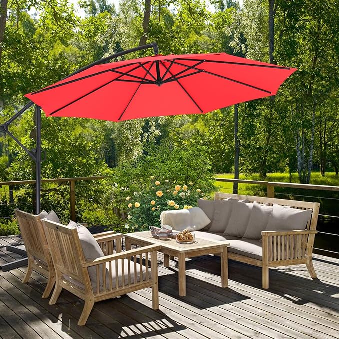 ABCCANOPY 9FT Cantilever Patio Umbrella with base included, 360° Rotation Outdoor Offset Umbrella for Backyard, Deck, Poolside (Red)