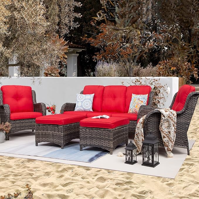 Patio Furniture Set 5-Piece Wicker Outdoor Furniture Conversational Set with 3-Seat Sofa, 2 Armchairs, 2 Ottoman Patio Rattan Wicker Sectional Sofa Set with Olefin Cushions, Red