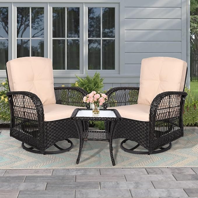 MEETWARM 3 Pieces Outdoor Wicker Swivel Rocker Patio Set, Rocking Chairs Rattan Patio Furniture Sets with Thickened Cushion and Glass-Top Coffee Table, Conversation Bistro Set for Porch (Dark Brown)