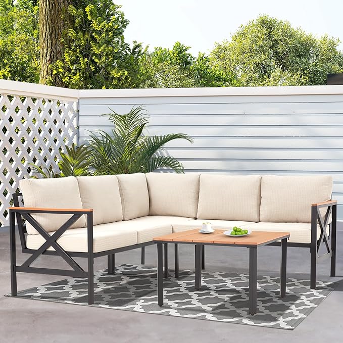MELLCOM 6 Pieces Patio Furniture Sets, L-Shaped Patio Conversation Sets Metal Outdoor Sectional Sofa with Fauxwood Coffee Table & 6.5" Olefin Cushions for Backyard, Garden, Poolside