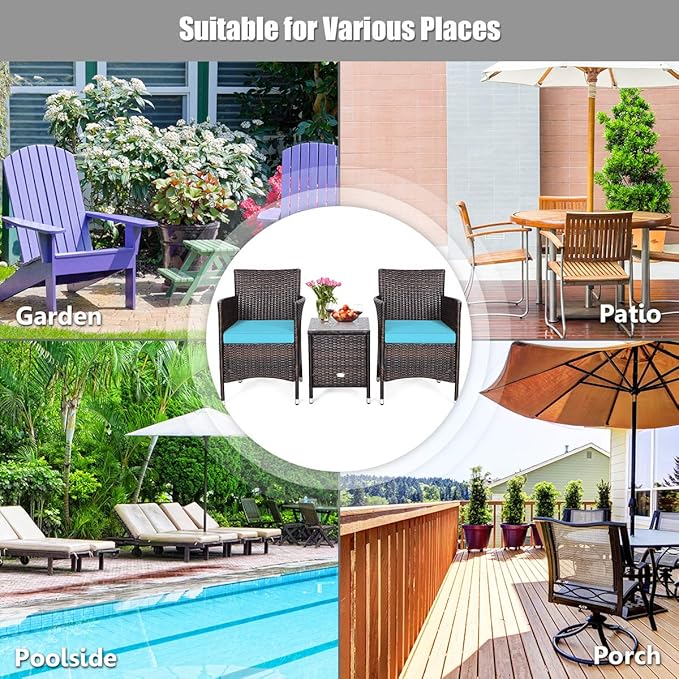 DORTALA 3 Piece PE Rattan Patio Furniture Set, Outdoor Chairs & Table Set with Tempered Glass Top & Cushions, Wicker Conversation Set for Garden Backyard, Turquoise