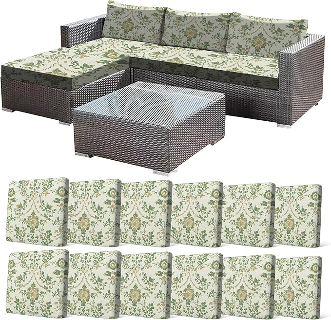 CALBODE 12 Pcs Stretch Outdoor Seat Cushion Covers, Washable Chair Seat Cover for Patio Furniture Cushions Soft Indoor and Outdoor Couch Cover Replacement (Green Vines, Cover Only)
