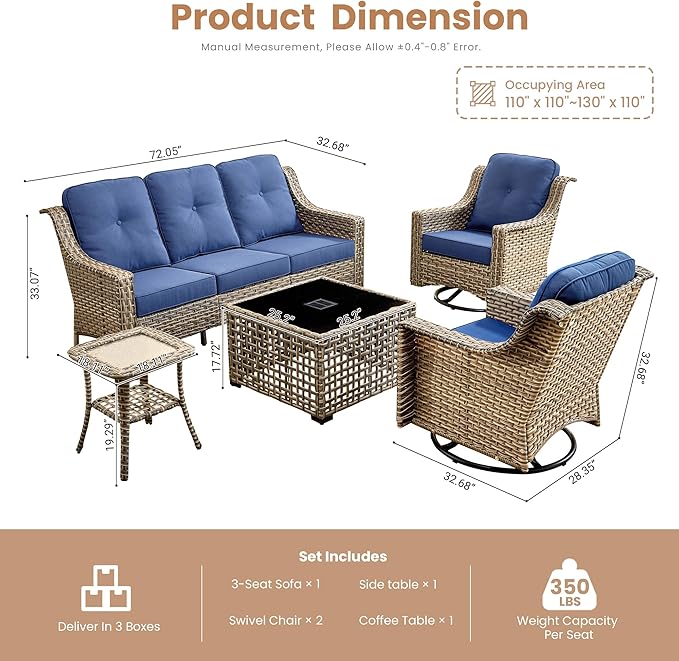 HOOOWOOO Patio Furniture Set,5 Pieces Wicker Outdoor Furniture,High Back Conversation Set with All Weather Resistant Solar Light Table Couch Swivel Chairs,Navy Blue