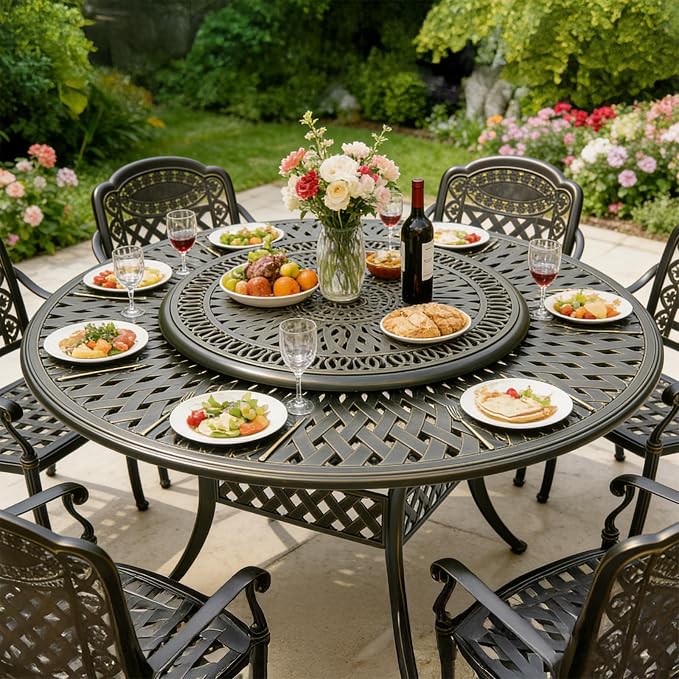 MEETWARM Outdoor 61" Round Patio Dining Table with Detachable Lazy Susan, All Weather Cast Aluminum Large Patio Furniture Table Set for 8 Seat with 35.4" Rotating Tray, Umbrella Hole, Dark Bronze