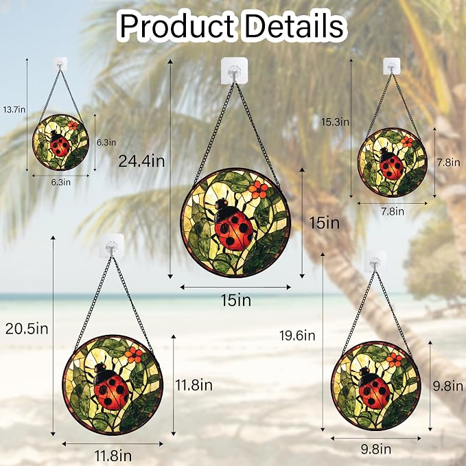 Stained Glass Window Hanging - Red Ladybug Green Plant Flower Sun Catcher for Door Home Decor Insect Suncatcher Christmas Mother's Day Birthday Gifts for Women Men Mom Nana 9.8 in