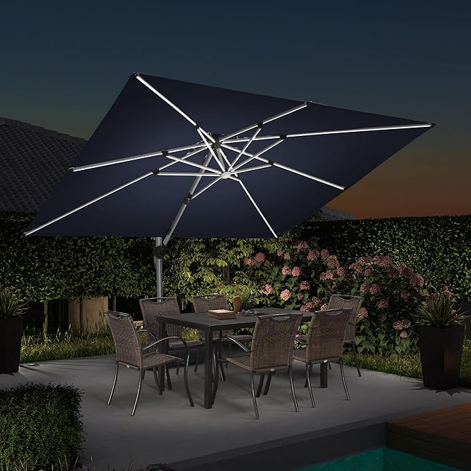 PURPLE LEAF 9' X 12' Solar Powered LED Rectangle Cantilever Umbrella With Base Patio Umbrellas Windproof Hanging Umbrellas Outdoor Umbrellas Offset Umbrella, Navy Blue