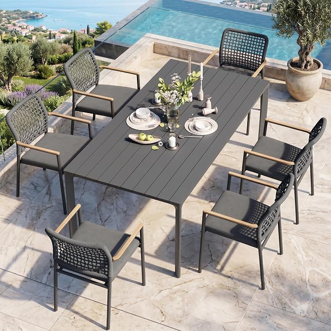Modern Shade 7 Piece Luxury Outdoor Dining Set, Large Outdoor Table and Chairs with Fade Resistant Cushions & Teak Accents, Premium Aluminum Patio Table and Chairs Set for Outdoor Entertaining, Gray