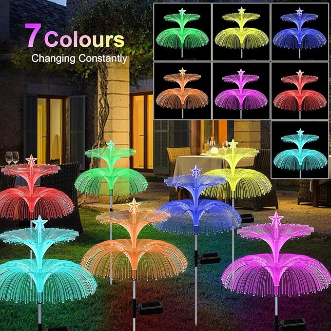 MRHEPHAESTUS Solar Garden Lights, 4 Pack Solar Star Jellyfish Lights 7 Color Changing Fiber Optic Light Gardening Gifts for Mom Grandma Women, Flower Light for Outdoor Yard Garden Decor