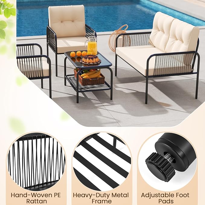 Tangkula 8 Pieces Patio Furniture Set, PE Rattan Sofa Chairs with Loveseat, Tempered Glass Coffee Table and Soft Cushions, Outdoor Conversation Set for Porch, Backyard, Garden and Poolside