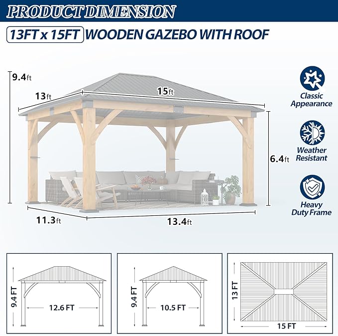 COVERONICS 13FT x 15FT Outdoor Spruce Wood Gazebo - Patio Wooden Frame Gazebo with Galvanized Steel Roof, Heavy-Duty Hardtop Gazebos for Garden, Poolside, Deck, Backyard