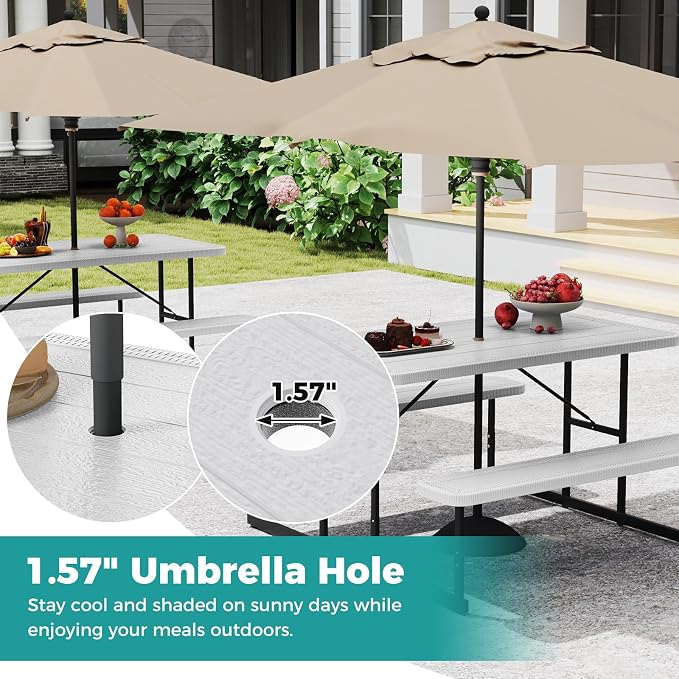 Byroce Outdoor Picnic Table for 4 Person, Rectangular Picnic Camping Table Set with Long Benches, Umbrella Hole & Metal Frame, Heavy Duty HDPE Dining Table Chairs for Patio, Yard & Poolside (White)