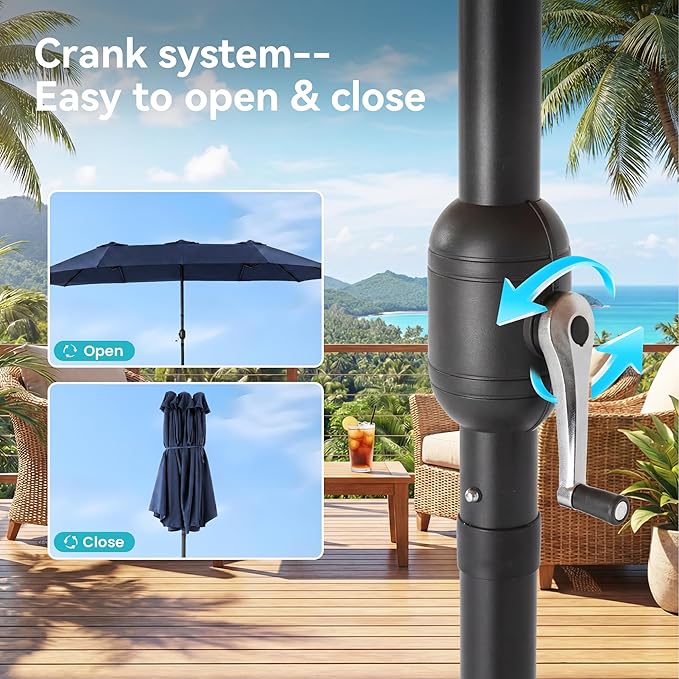COSIEST 15FT Patio Umbrella with Base Included, Outdoor Double-Sided Table Umbrella,Large Rectangular Market Umbrella w Crank Handle for Garden, Pool, Deck Shade, Navy Blue